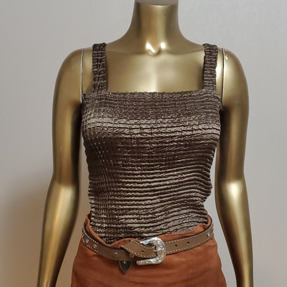 Simi Sue Pleated Stretchy Olive Green Tank Top OS